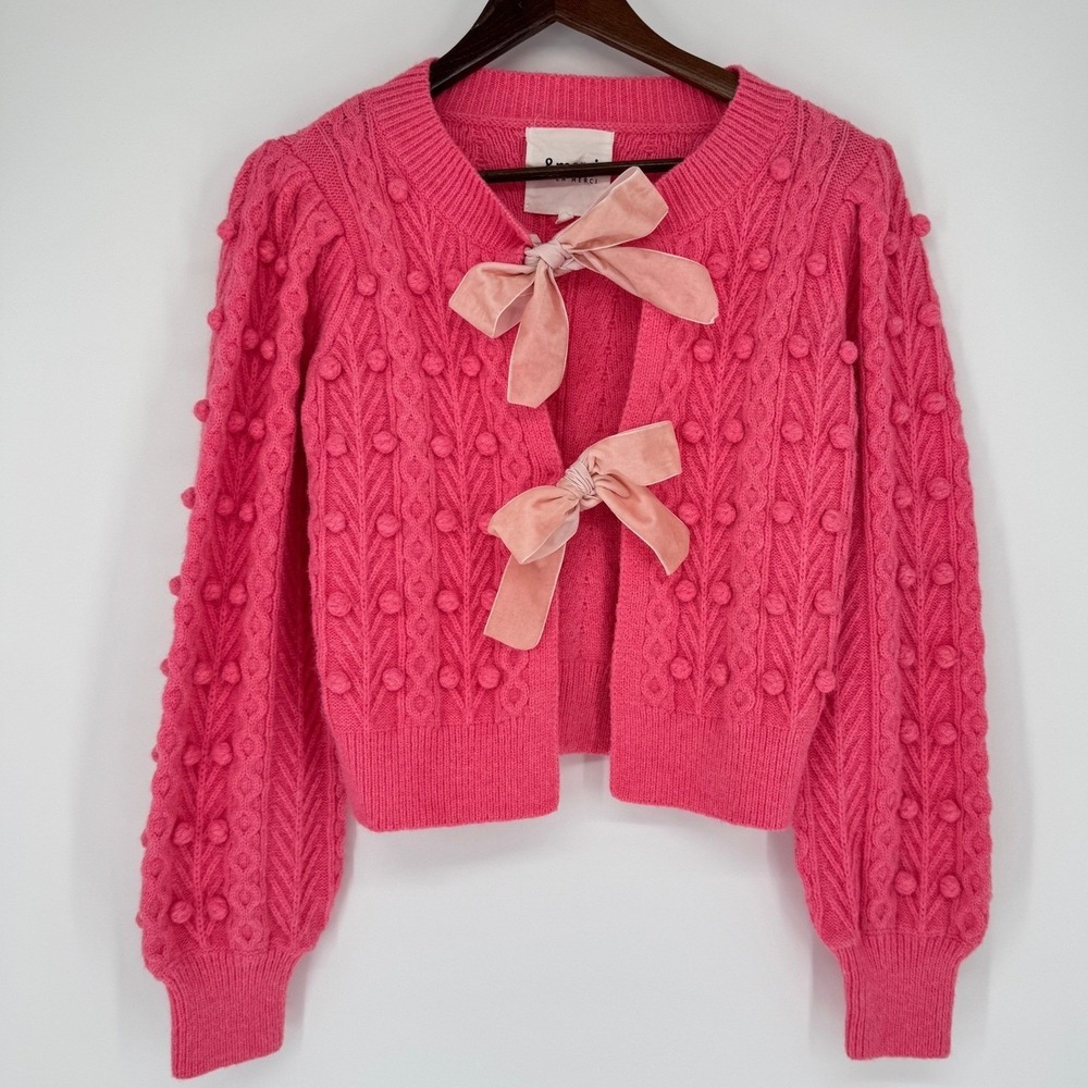 &merci Pink Velvet Bow Cable Knit Bobble Cardigan Sweater S Coquette Balletcore